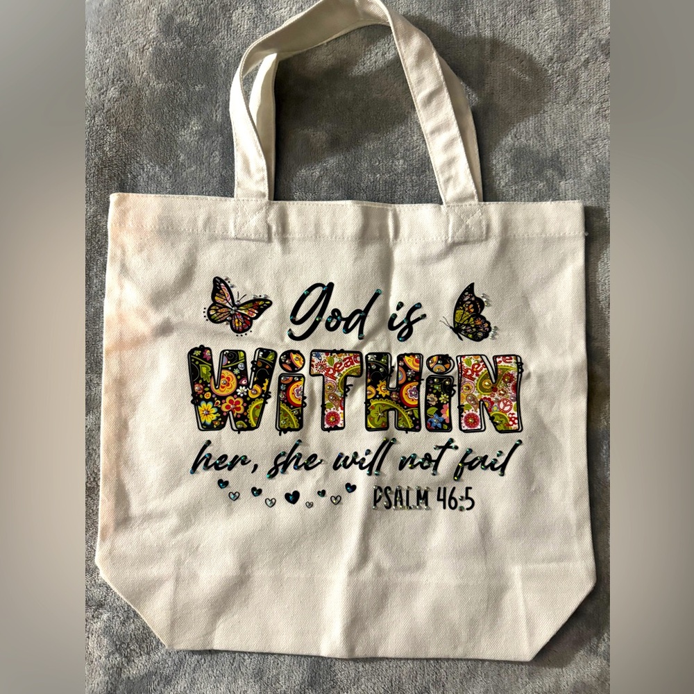 Cute tote bag with bling God is within her 
psalms 46:5